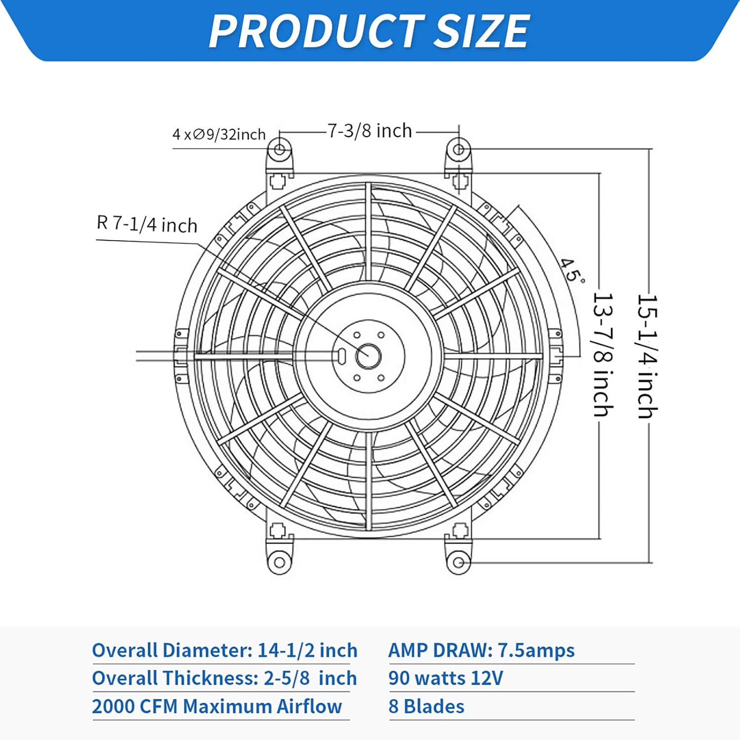 Universal High Performance Reversible 14 Inch Engine Radiator Cooling Fan with Mounting Kit 2000 CFM 12 Volts 7.5 Amps 90 Watts Pack of 2