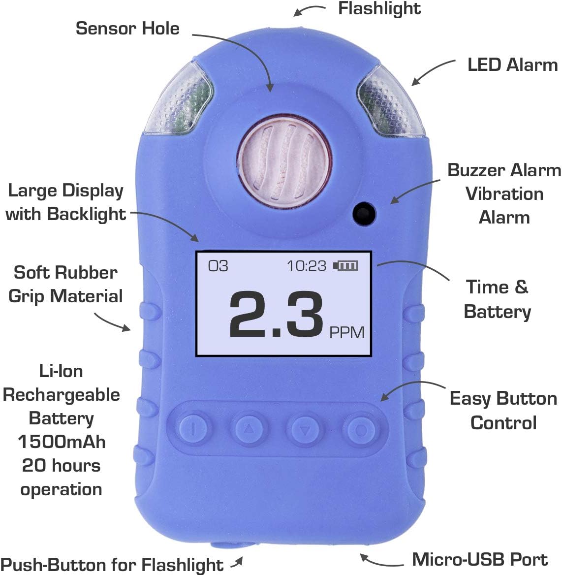 OZONE Meter | Mini Series | USA NIST Calibration | USB Recharge | Sound, Light, Vibration Alarms | 0-20ppm Ozone Detector |