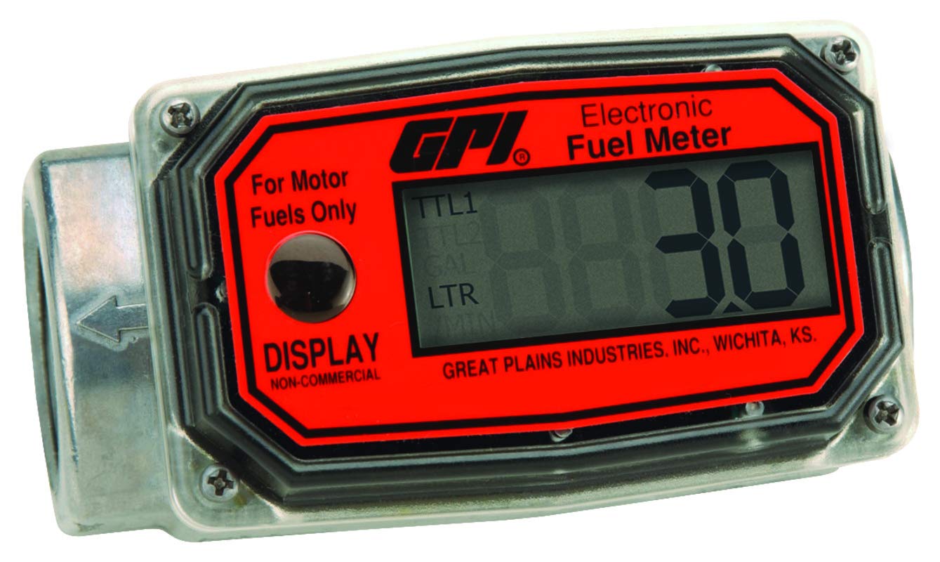 GPI 113255-3, 01A12LM Aluminum Turbine Fuel Flowmeter with Digital LCD Display, 10-113 LPM, 1-inch F ISO Inlet/Outlet, 0.75-Inch Reducer Bushings, ±5% Accuracy