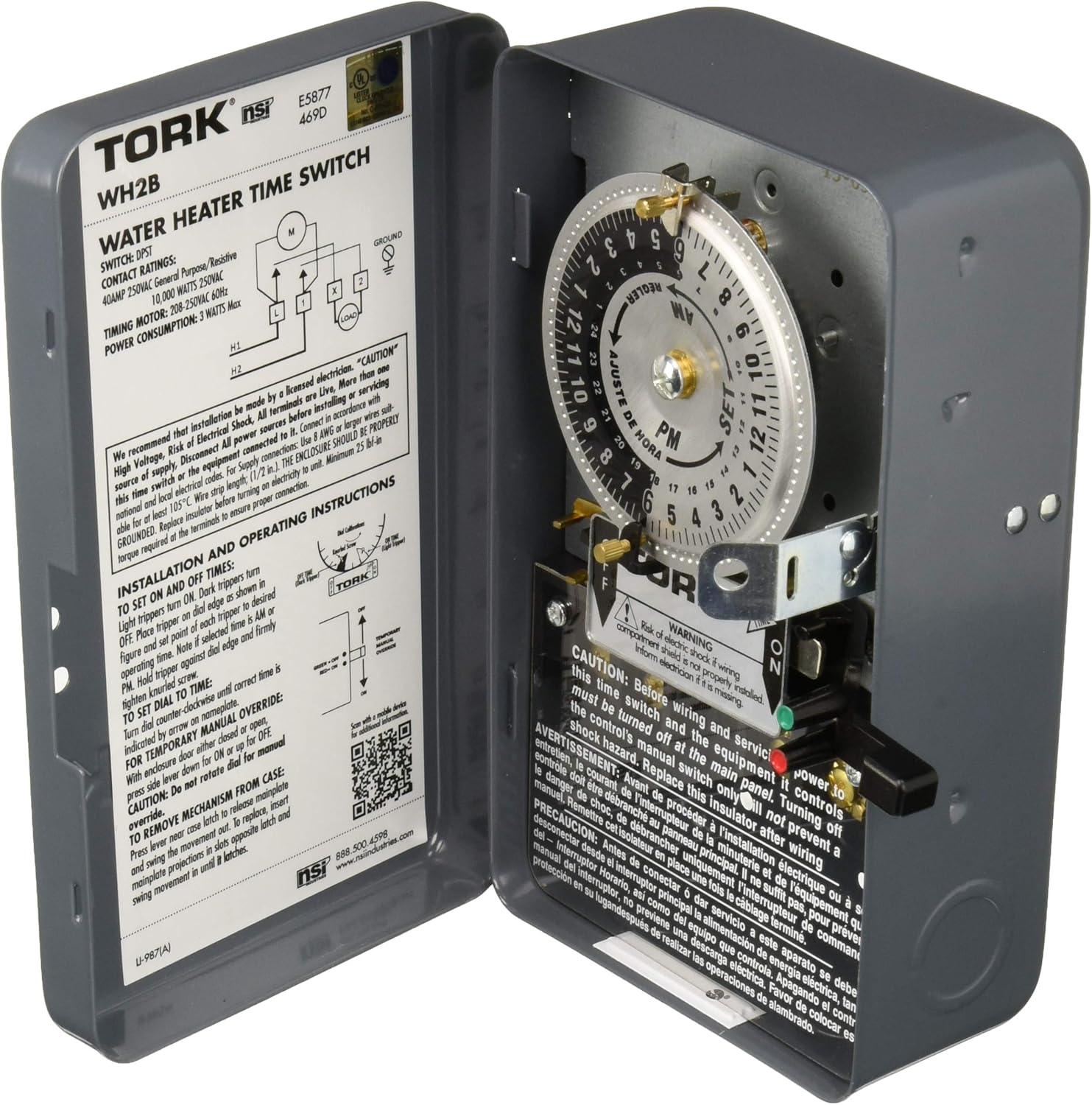 Tork NSI WH2B Mechanical Water Heater Time Switch, 24-Hour, 208/250V, 40A, DPST , Gray Pack of 2