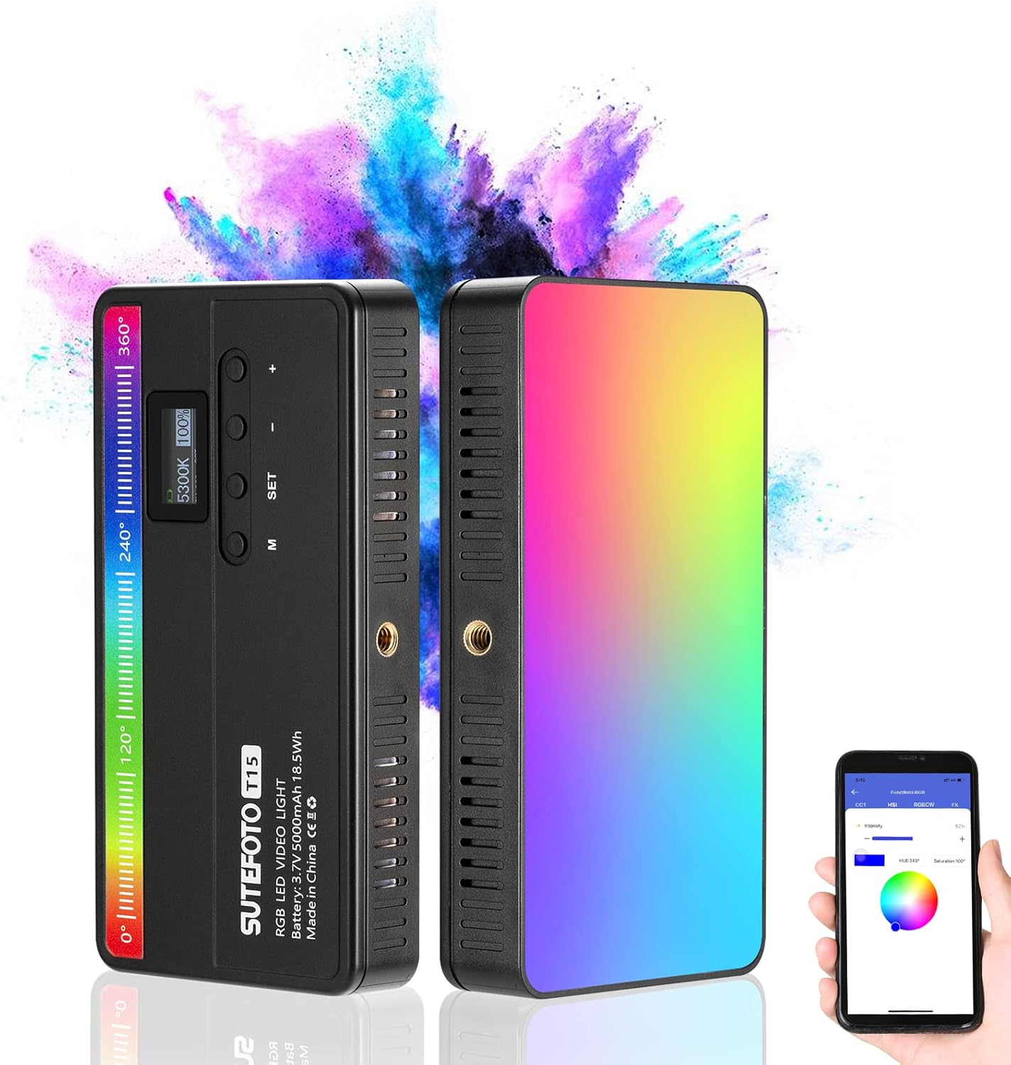 Sutefoto RGB LED Video Light 15 (W) /360° Full Colors/CRI 96+/5000mAh Battery/ 2800K-10000K On-Camera Lighting Mini Pocket Light for Vlog YouTube Videos, Portable LED Camera Light. Pack of 2
