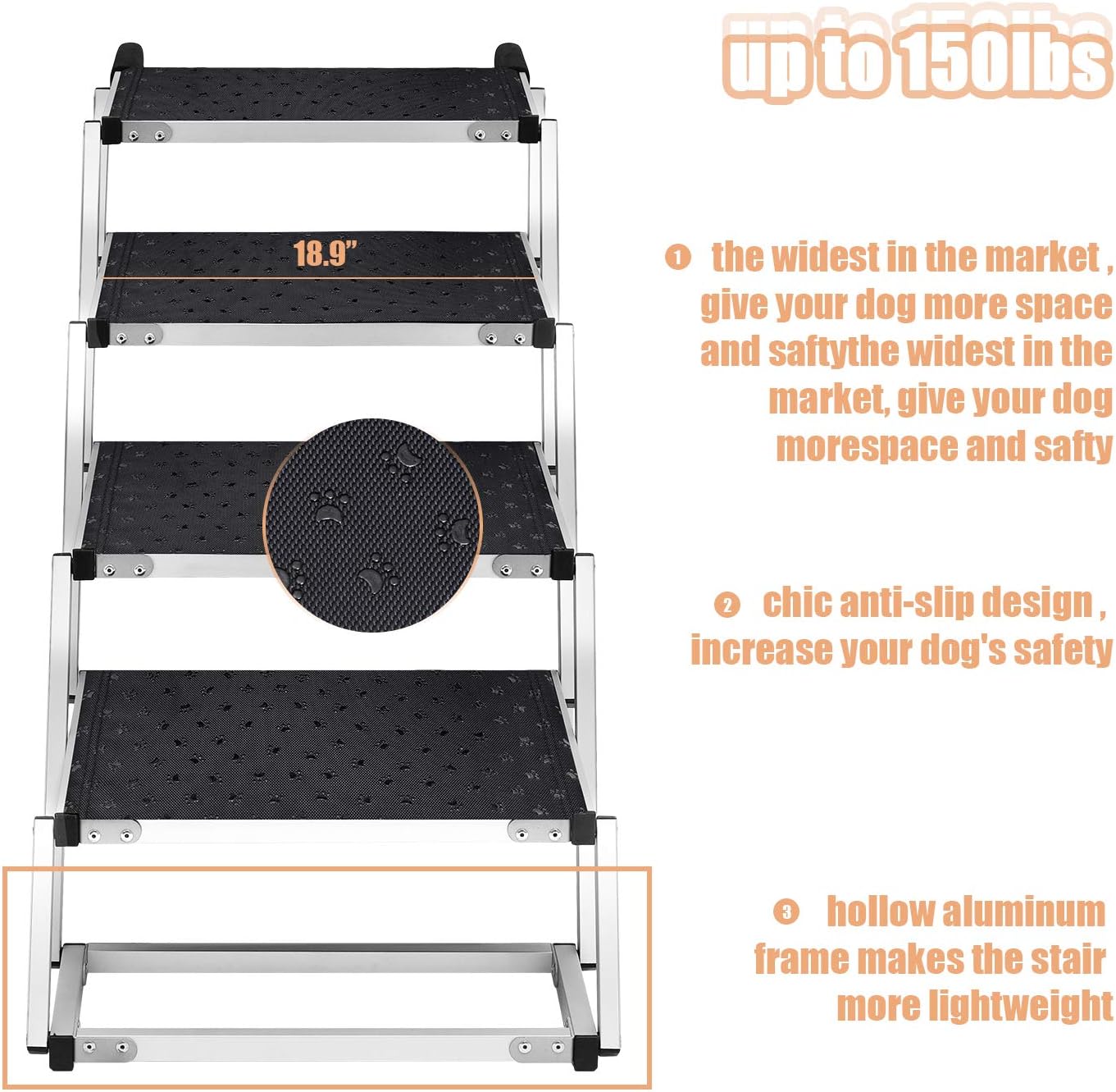 Widen Foldable Dog Car Stairs, Aluminum Frame 4 Steps Portable &Lightweight Pet Stairs, The Widest and Deepest Ladder on The Market, Nonslip Pet Ramp for Cars, Trucks and SUVs, Support 150 to 200 lbs