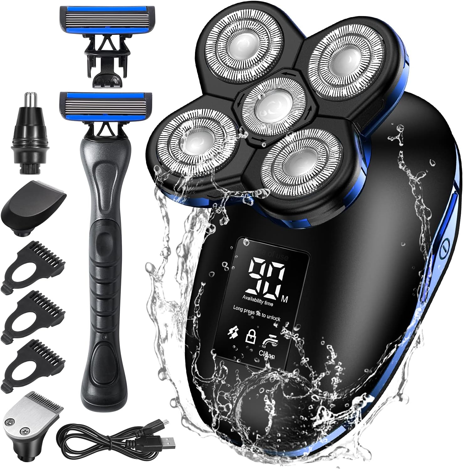 Head Shaver for Men Electric Razor Upgrade 6D Floating Electric Shaver 5 in 1 Wet & Dry Shaver Waterproof Bald Head Shaver LED Display Electric Rotary (Gold) Pack of 2