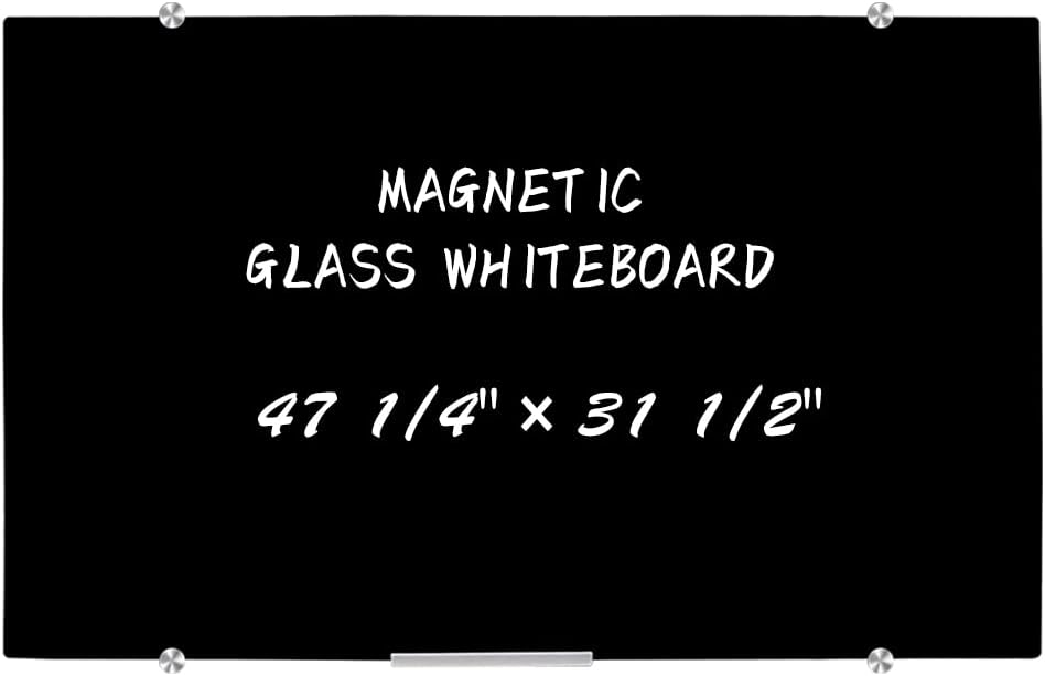 Magnetic Blue Glass Dry Erase Board, 4’ x 3’, Wall Mounted Glass Whiteboard with Blue Surface, Frameless Glass White Board with 4 Markers, 2 Magnets, 1 Eraser