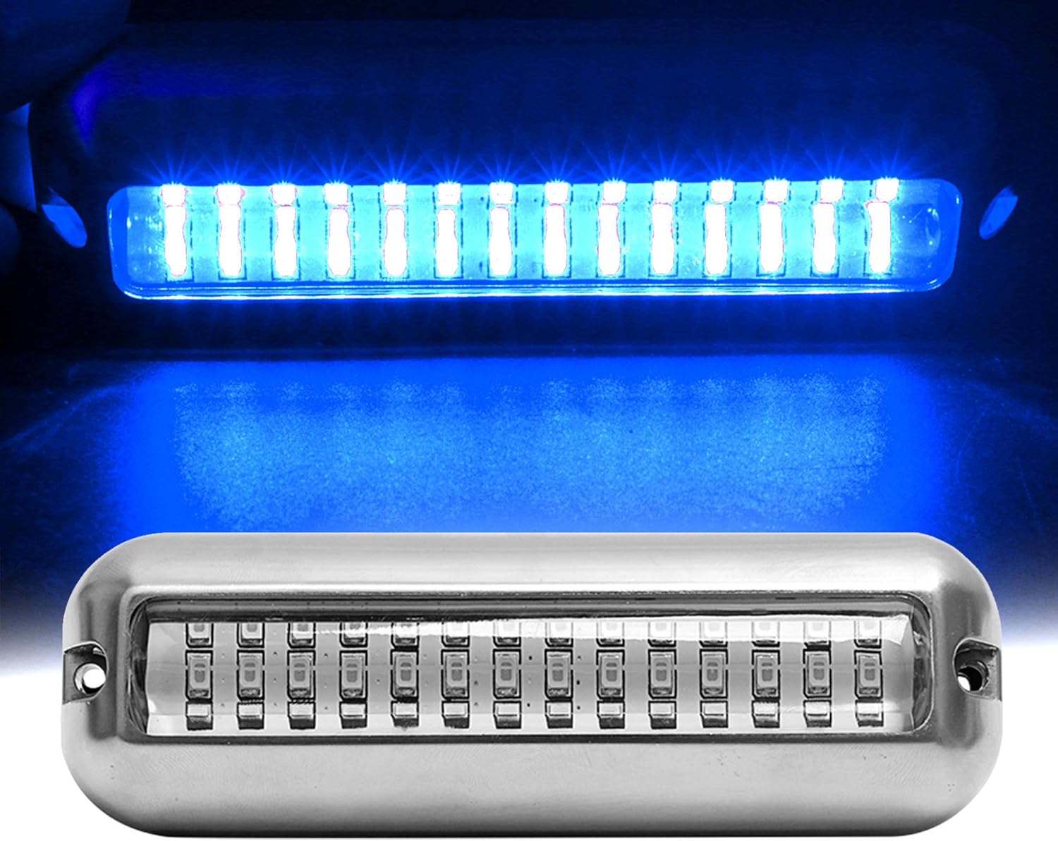 HUSUKU Mid 42LED 1500LM Marine Led Lights for Boat Underwater(Blue), 2PCS, 5.1inch, IP68, 316 Stainless Steel, Surface Mount for Yacht Pontoon Sailboat Kayak Skiff Duck Jon Accent Bass Boat Fishing Pack of 2