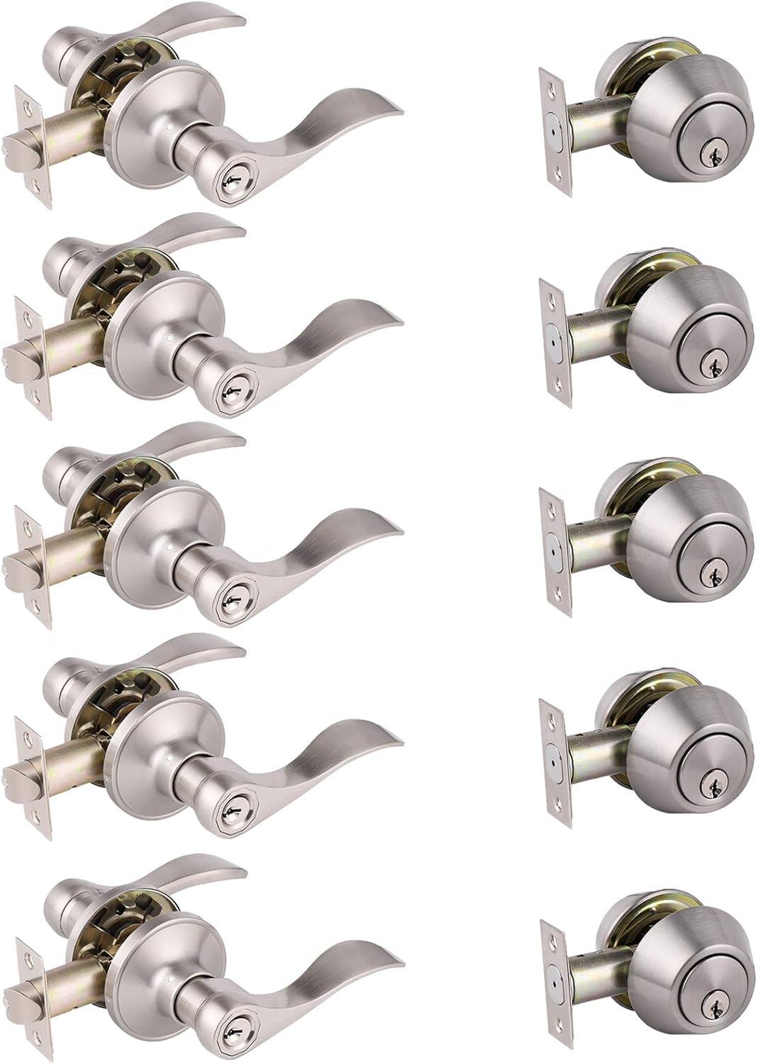 Gobrico 5 Pack Wave Style Keyless Bed Bath Door Locks Levers Satin Nickel Finish Left/Right Handed Interior Door Handles Locksets Pack of 2