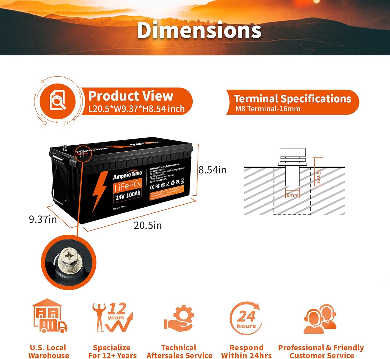 Ampere Time 24V 100Ah LiFePO4 Deep Cycle Lithium Battery, Built-in 100A BMS, 4000+ Cycles Rechargeable Battery, 280A Max, Perfect for RV/Camper, Solar, Marine, Overland/Van, Off-Grid Applications…