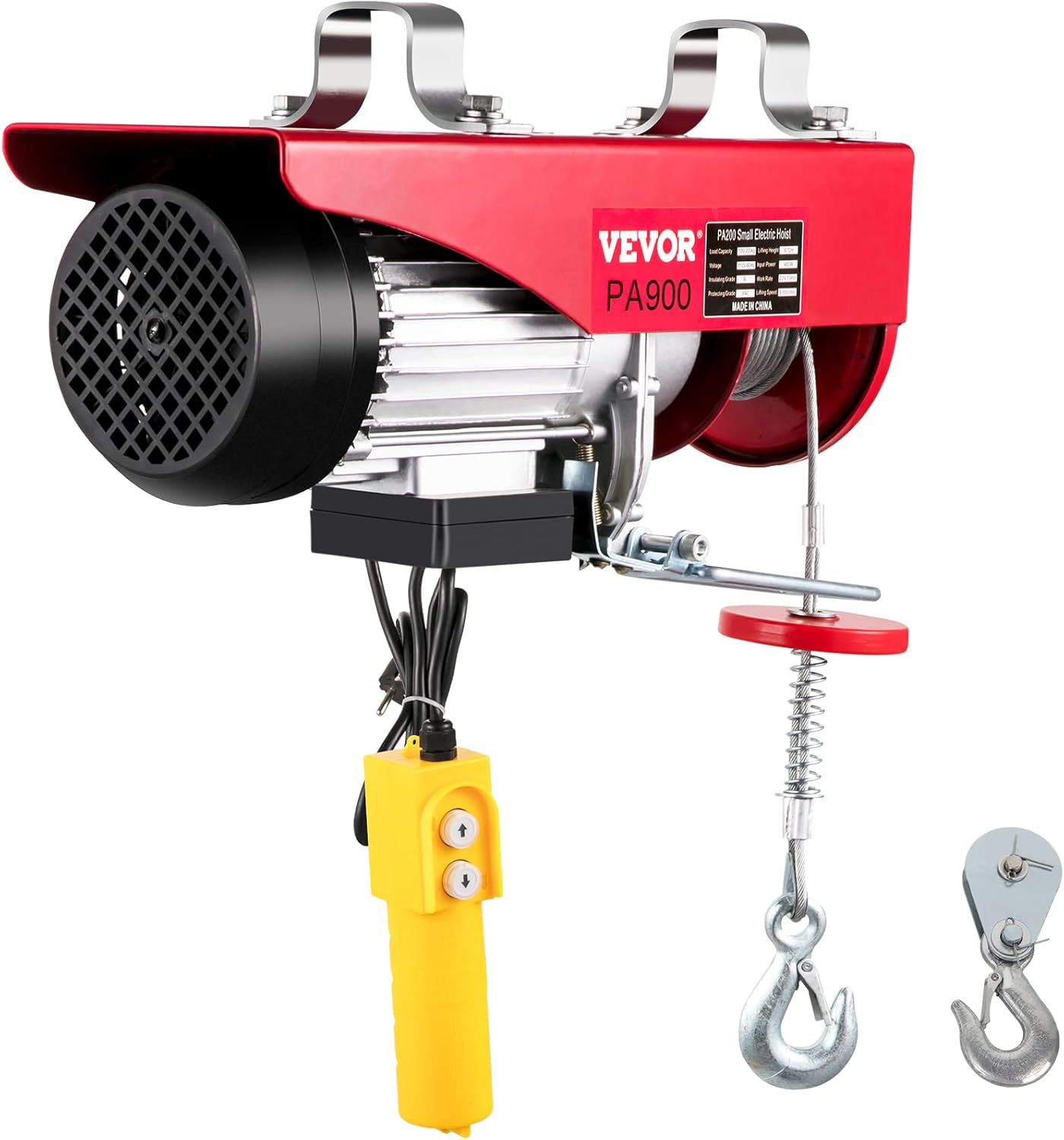 Happybuy Electric Hoist, 2000 lb Lift Overhead Crane Garage w/Steel Hook, Remote Control & Emergency Stop Switch, Ceiling Pulley Winch for Warehouse, Construction, Goods Lifting, 110V Red