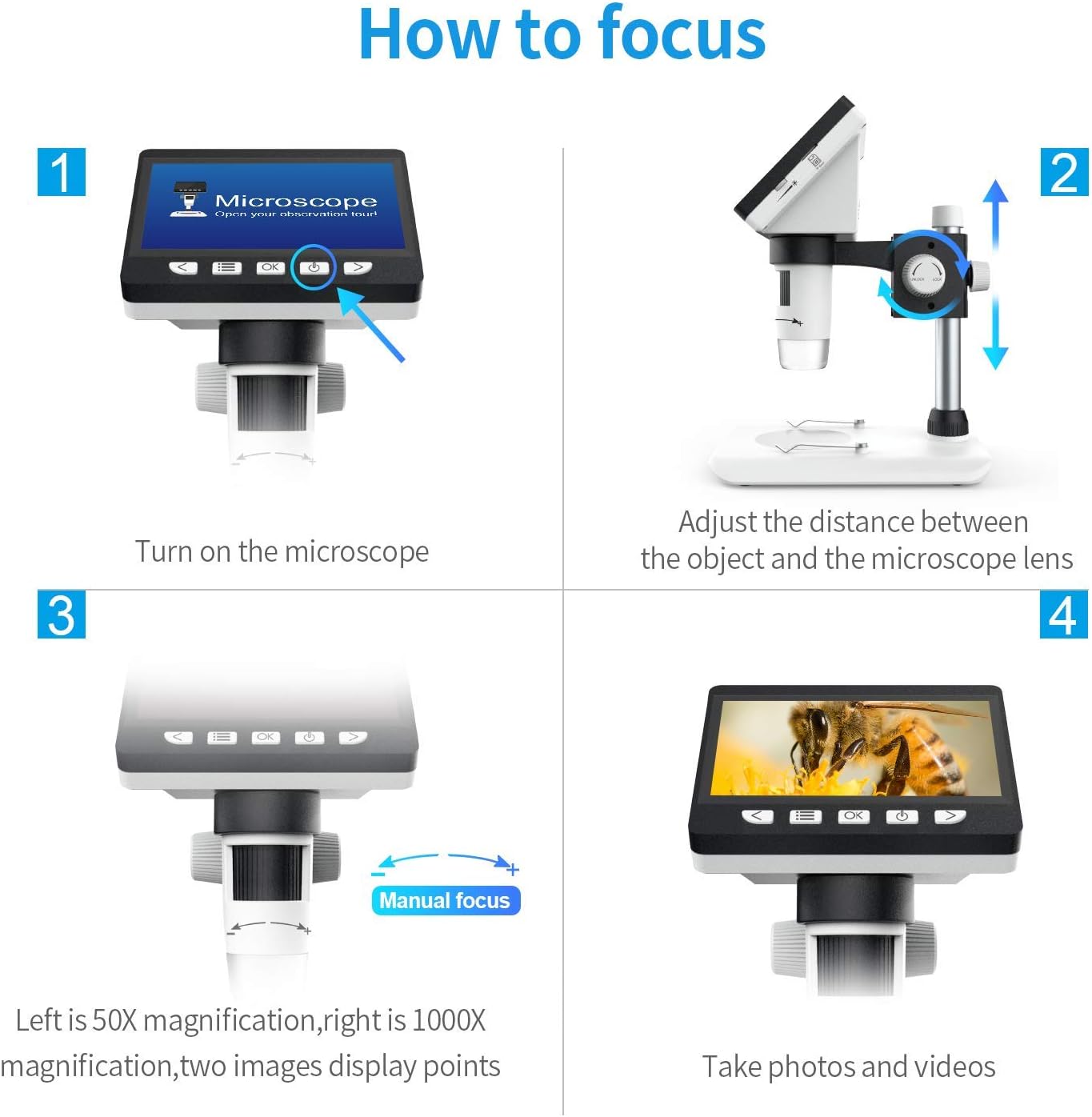LCD Digital Microscope, SKYBASIC 4.3 inch 50X-1000X Magnification Zoom HD 2 Megapixels Compound 2600 mAh Battery USB Microscope 8 Adjustable LED Light Video Camera Microscope with 32G TF Card Pack of 2