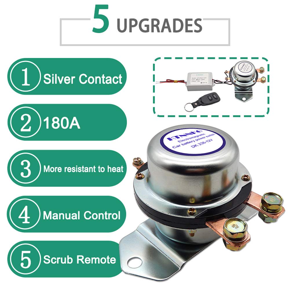 KTNNKG Remote Battery Disconnect Switch Auto On Off Kill Switch for Car - DC12V, 180A,Silver Contact-Electromagnetic Solenoid Valve Terminal Pack of 2