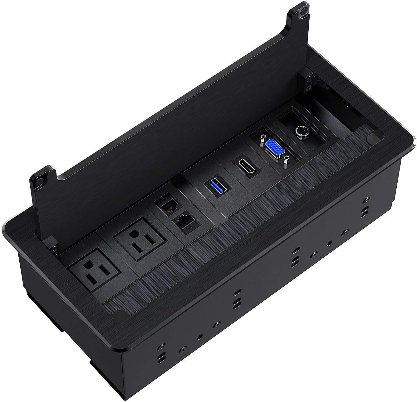 WEBANG Recessed Connectivity Box Outlet for Conference Room Table with 2AC Receptacle,2RJ45, 1USB3.0, 1HDMI, 1 VGA, 13.5mm Audio, Black Pack of 2