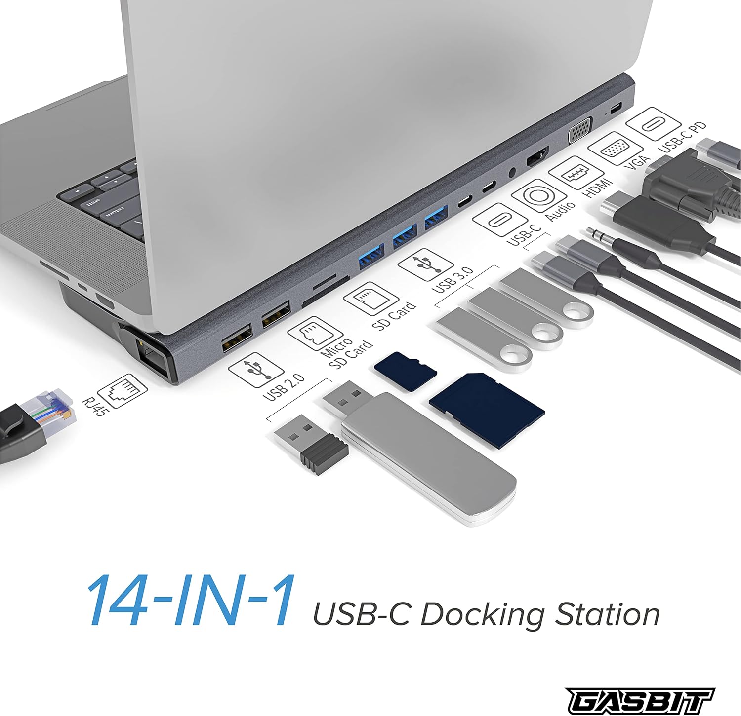 GASBIT 14-in-1 USB C Hub Multiport Adapter - USB C Power Adapter; USB-C Dongle; HDMI; VGA; SD Card Reader; MicroSD Card Reader; Ethernet; 2 USB 2.0; 3 USB 3.0; 2 USB-C Data; 1 USB-C PD & Audio Jack Pack of 2