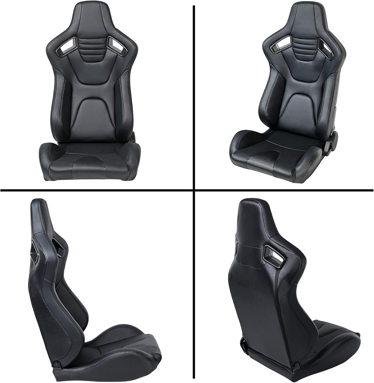 Racing Seats, Pair of PVC Leather Racing Bucket Seats with Dual Sliders, Black with Black Stitching
