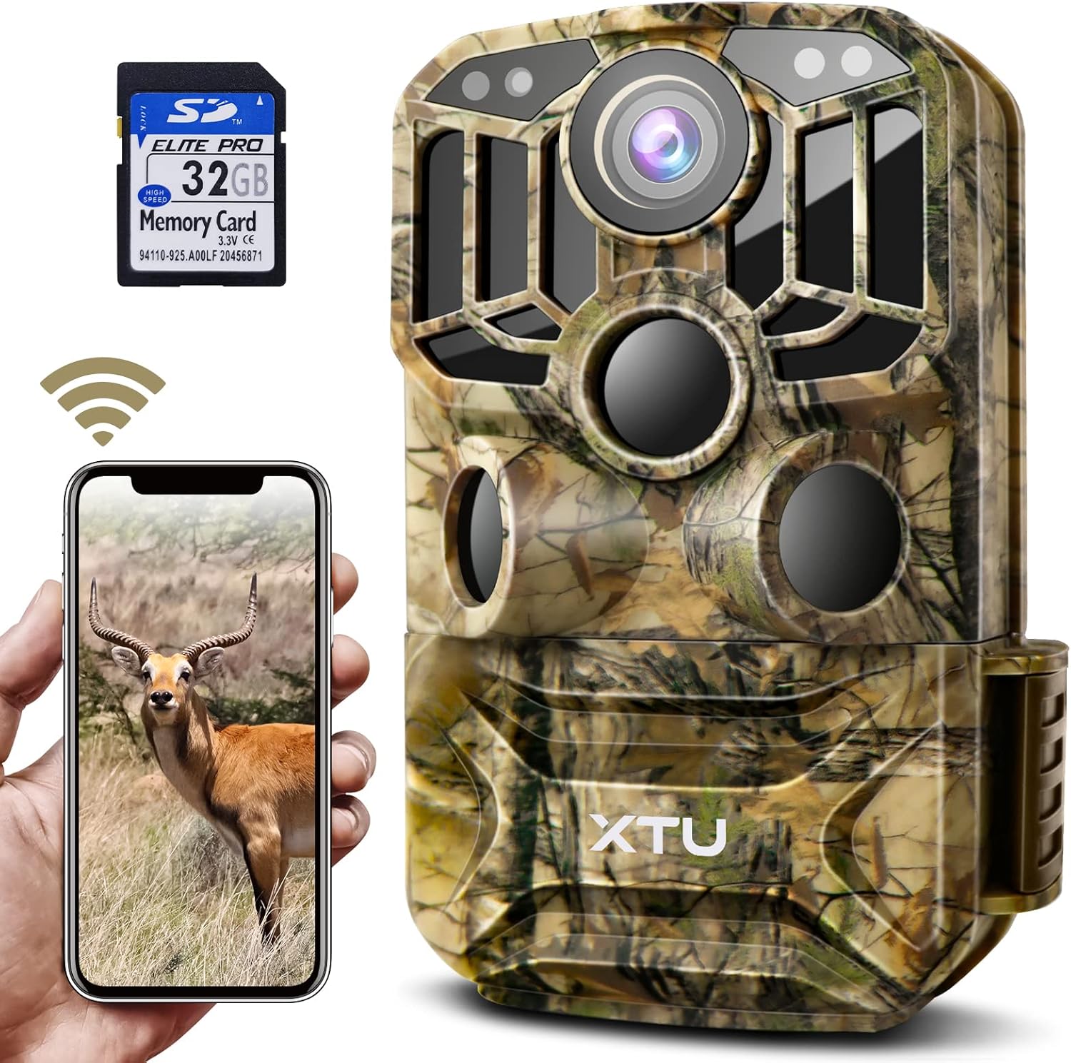 Trail Camera, XTU Hunting Camera Wi-Fi Bluetooth 32MP 1296P Fast 0.2S Trigger Speed Motion Activated 150ft Night Vision IP66 Waterproof, Easy Installation