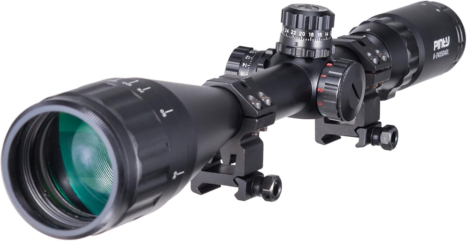 Pinty 6-24x50 AO Red Green Blue Illuminated Mil Dot Scope with Sunshade Tube & Flip-Open Covers Pack of 2