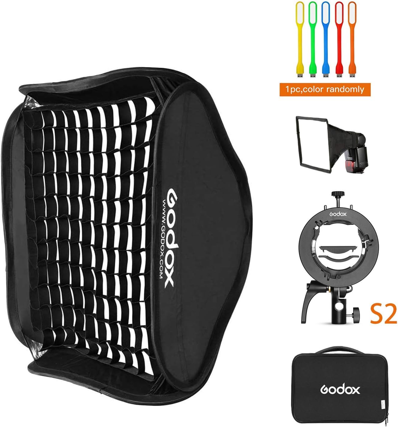 GODOX 24x24inch / 60x60cm Foldable Flash Softbox &Grid with Godox S2 S-Type Speedlite Bracket Bowens Mount and Carrying Case for Camera Speedlight Studio Video Shooting Portraits Product Photography Pack of 2