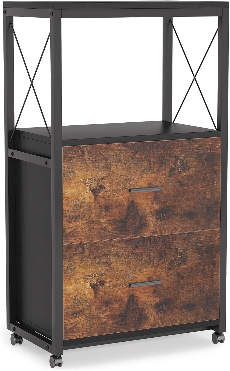 Tribesigns 2 Drawer Rolling File Cabinet for Legal Size, Industrial Vertical Filing Cabinet, Large Printer Stand with Metal Open Storage Shelves for Home Office (Rustic Brown)