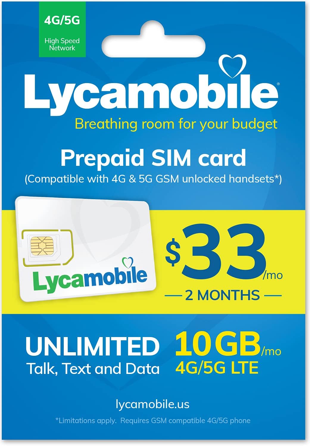 Lycamobile $33 Plan 10 GB 5g & 4g LTE Prepaid 60 Day SIM Card Pack of 2