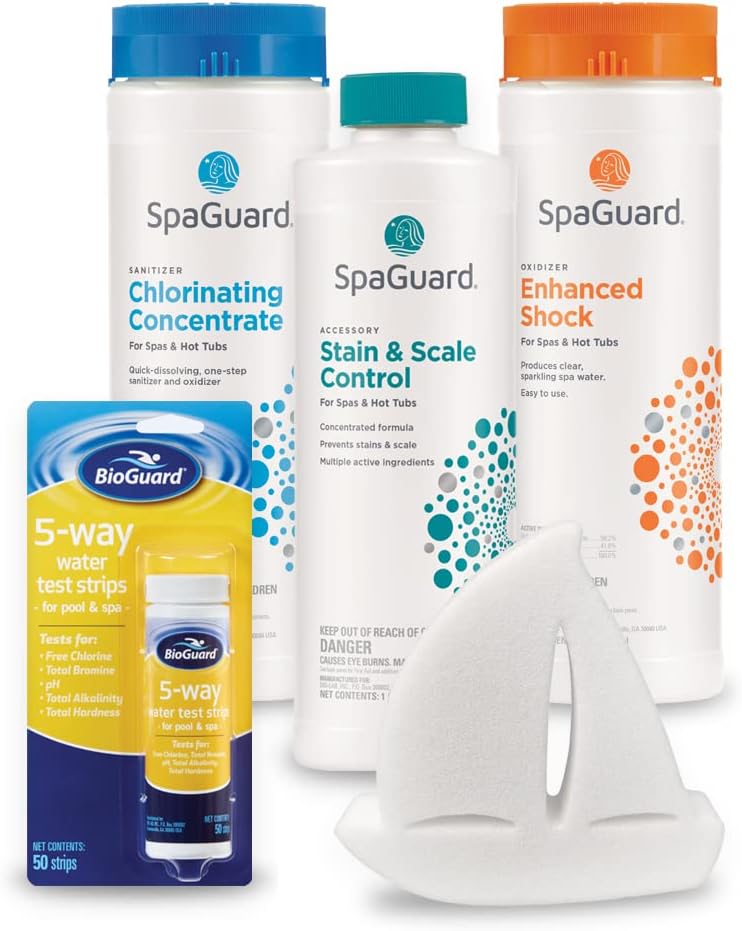Standard Hot Tub Chemical Bundle with SpaGuard Chlorine, Enhanced Shock, Stain and Scale Control, Test Strips, Scum Absorber