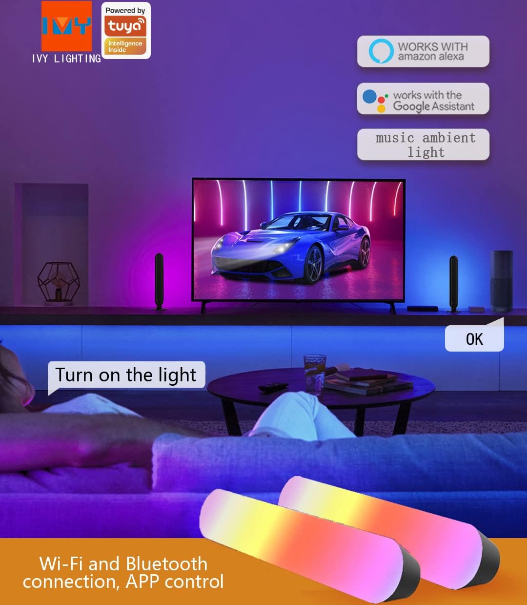 Smart LED Light Bars, RGBIC Ambient Gaming Lights with Alexa and Google Assistant Music Sync Modes for Bedroom, TV, Party(2 Pack) Pack of 2