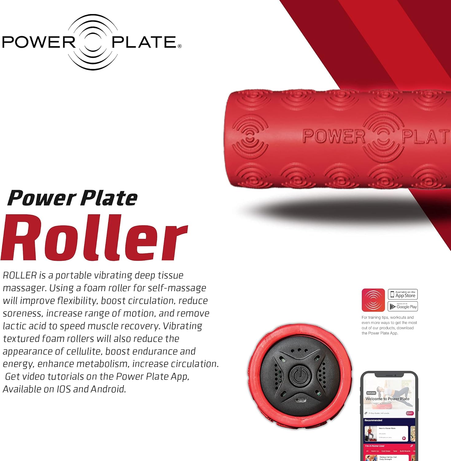 Power Plate Roller, Textured Vibrating Massage Roller, USB Rechargeable, 4 Hour Battery Life, Red