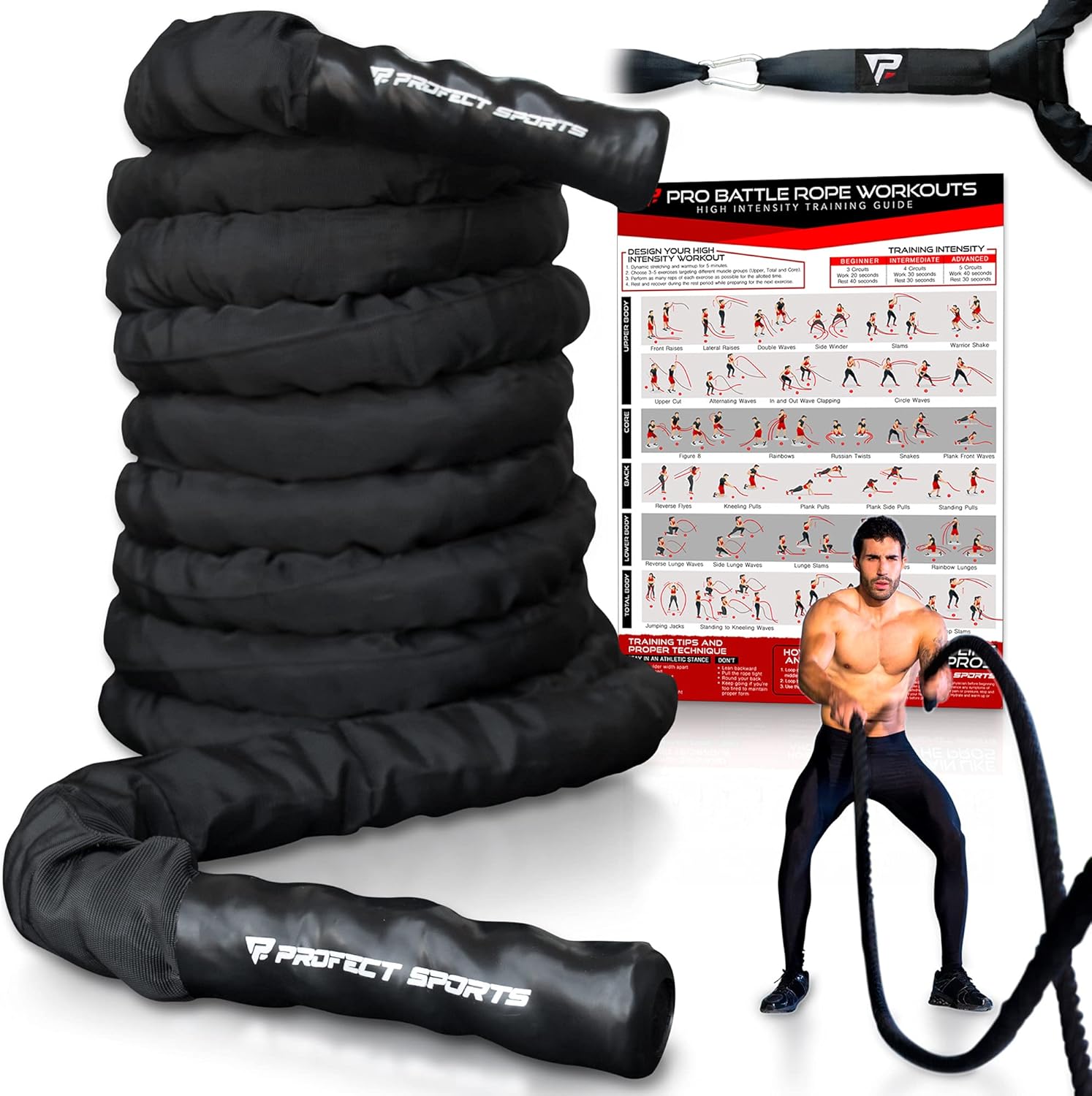 Pro Battle Ropes with Anchor Strap Kit and Exercise Poster – Upgraded Durable Protective Sleeve – 100% Poly Dacron Heavy Battle Rope for Strength Training, Cardio, CrossFit, Exercise Rope Pack of 2