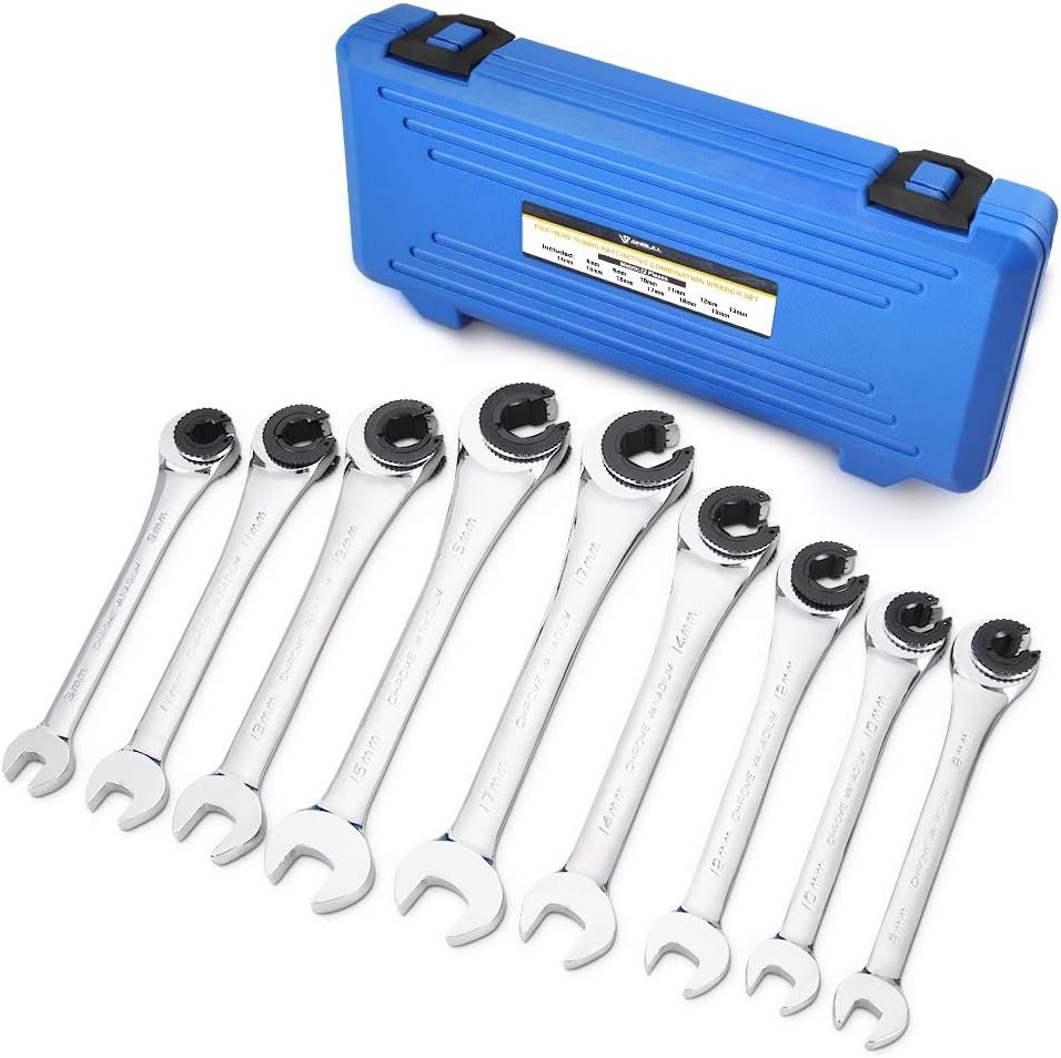 Anbull Fixed Head Tubing Ratchet Open End Wrench Set, 72 Gears CR-V Chrome Vanadium Steel, 9-piece, Metric 8-17mm