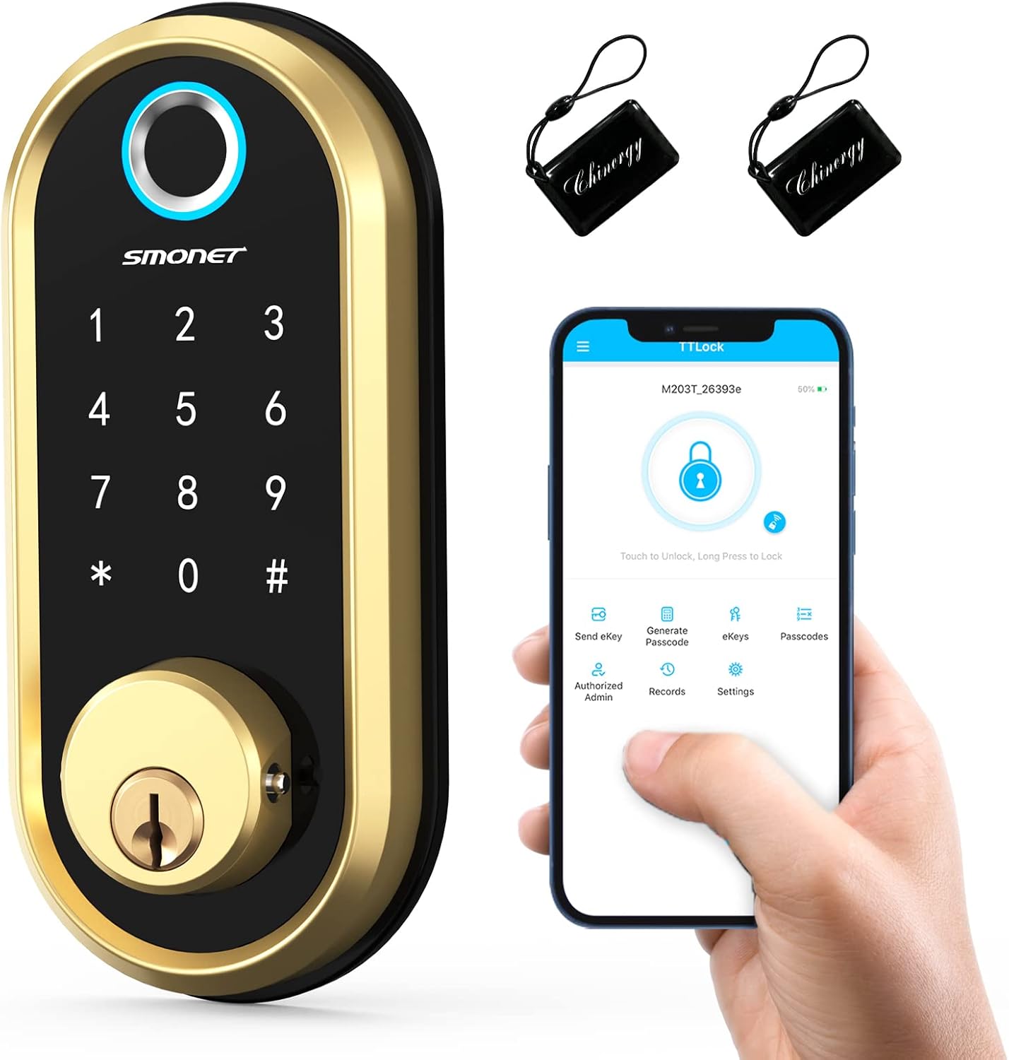 Smart Lock, SMONET Keyless Entry Door Lock Fingerprint Door Lock with Keypads, Smart Lock Deadbolt with IC Card, Touchscreen Keypad, Auto Lock, Remote Share, APP Control for Home, Apartment(2 Keys)