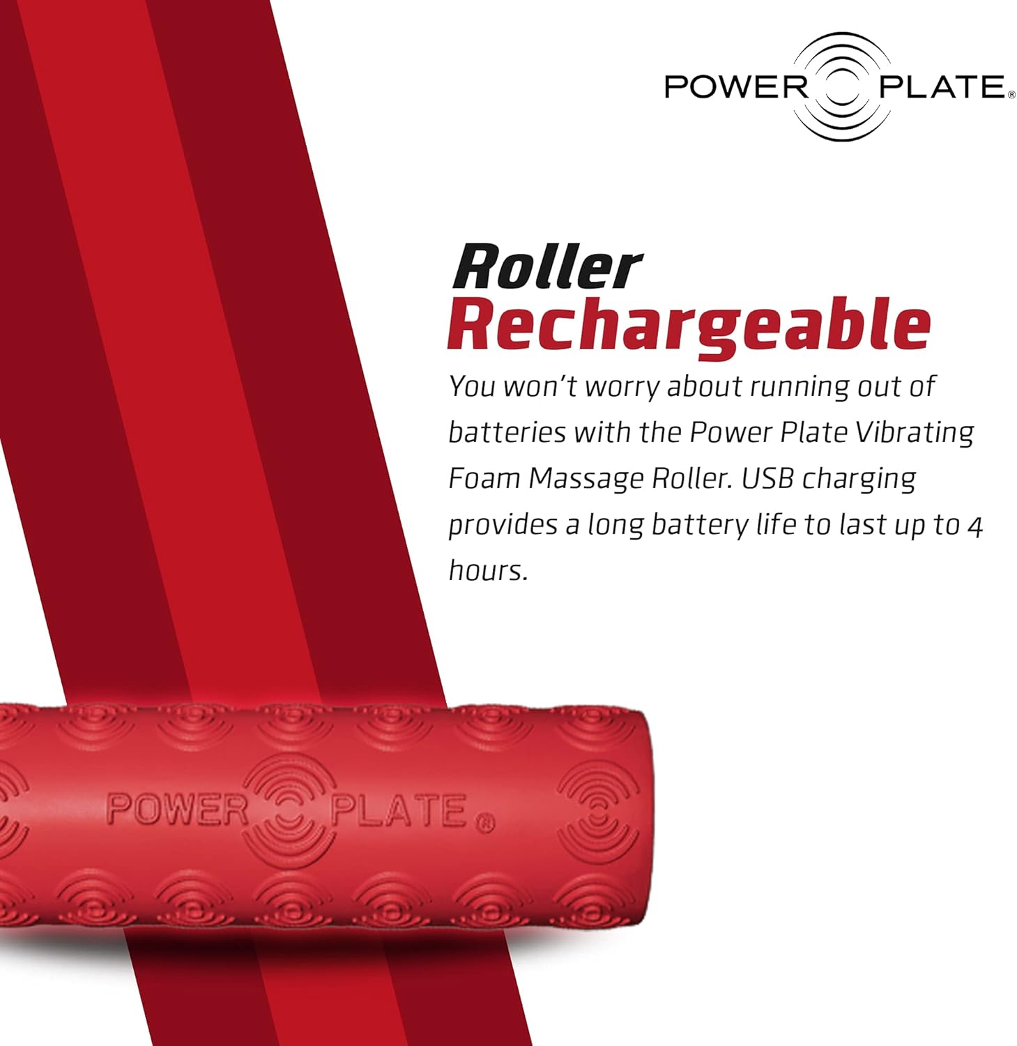 Power Plate Roller, Textured Vibrating Massage Roller, USB Rechargeable, 4 Hour Battery Life, Red