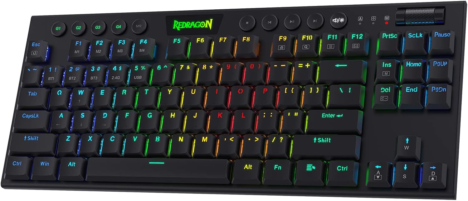 Redragon K618 Horus Wireless RGB Mechanical Keyboard, Bluetooth/2.4Ghz/Wired Tri-Mode Ultra-Thin Low Profile Gaming Keyboard w/No-Lag Cordless Connection, Dedicated Media Control & Linear Red Switch
