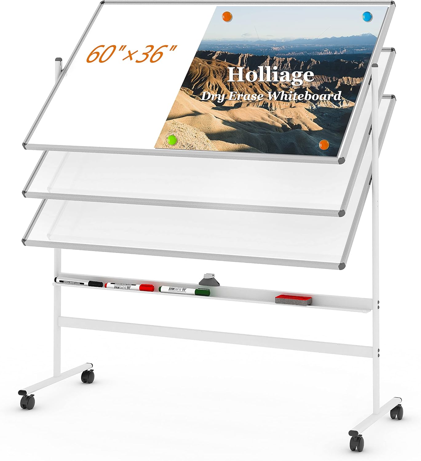 48”x36” Dry Erase Board with Stand,Double-Sided Magnetic Rolling Whiteboard with Bottom Holder,Premium Mobile Whiteboard with White Aluminum Alloy Frame,Great Partner for Displaying Your Thoughts