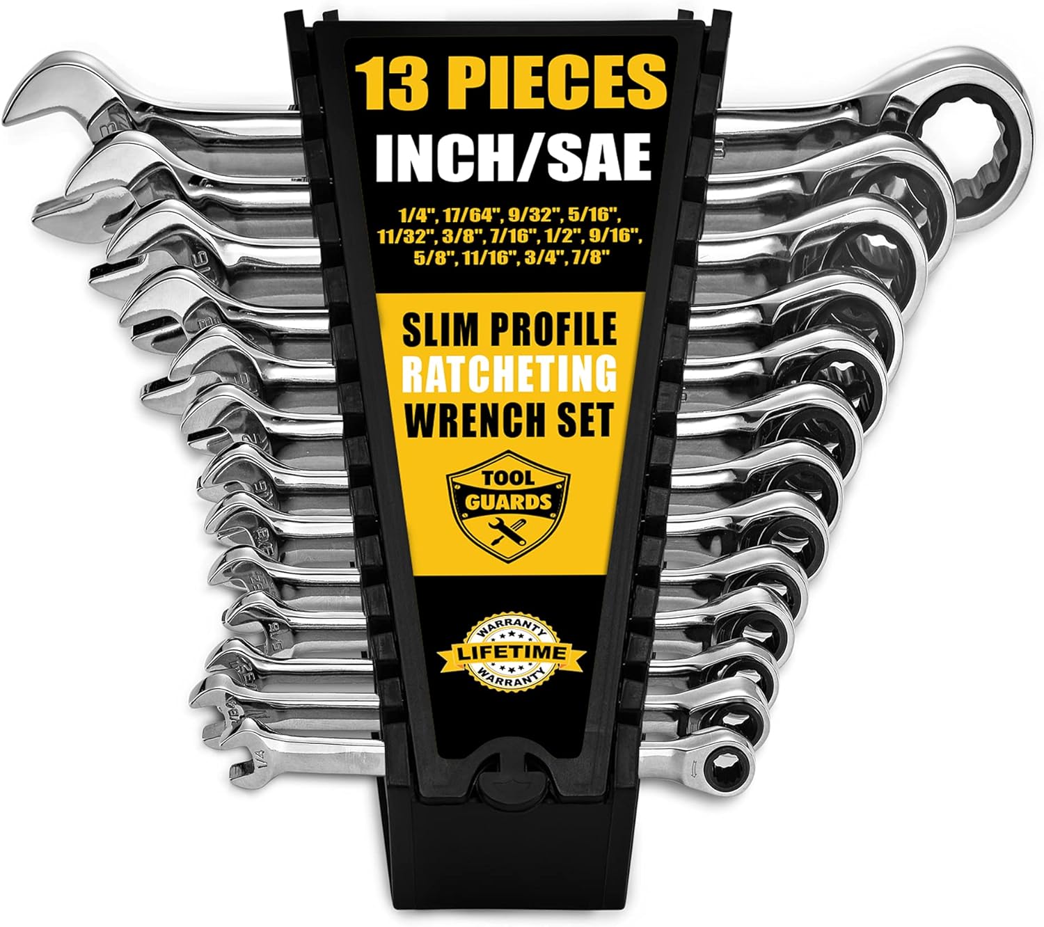 TOOLGUARDS 13 Pieces INCH Slim Profile Ratcheting Wrench with Rack Organizer Pack of 2