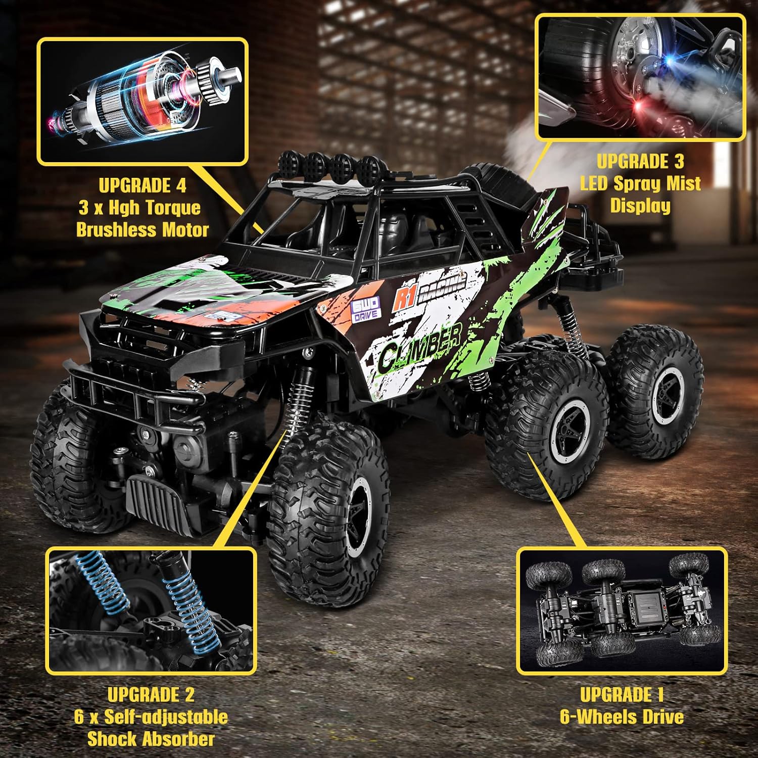 1/10 Scale Large RC Truck 2.4Ghz Remote Control Car with Color LED Mist Spray-6x6 Off-Road Remote Control Monster Truck for 40+ Min Play-All Terrains Remote Control Truck for Kids & Adults Pack of 2