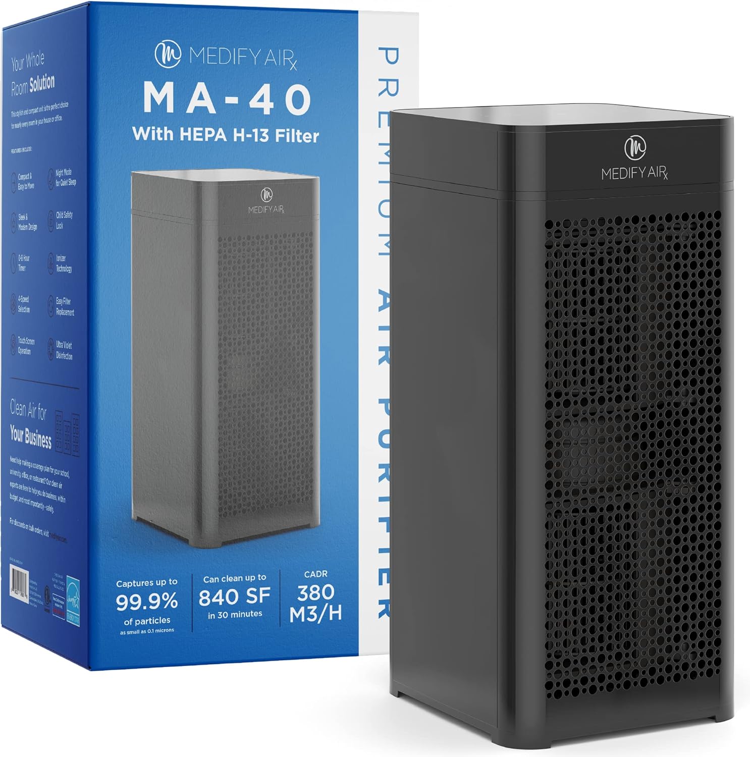 Medify MA-40 Air Purifier with H13 True HEPA Filter | 840 sq ft Coverage | for Allergens, Smoke, Smokers, Dust, Odors, Pollen, Pet Dander | Quiet 99.9% Removal to 0.1 Microns | White, 1-Pack