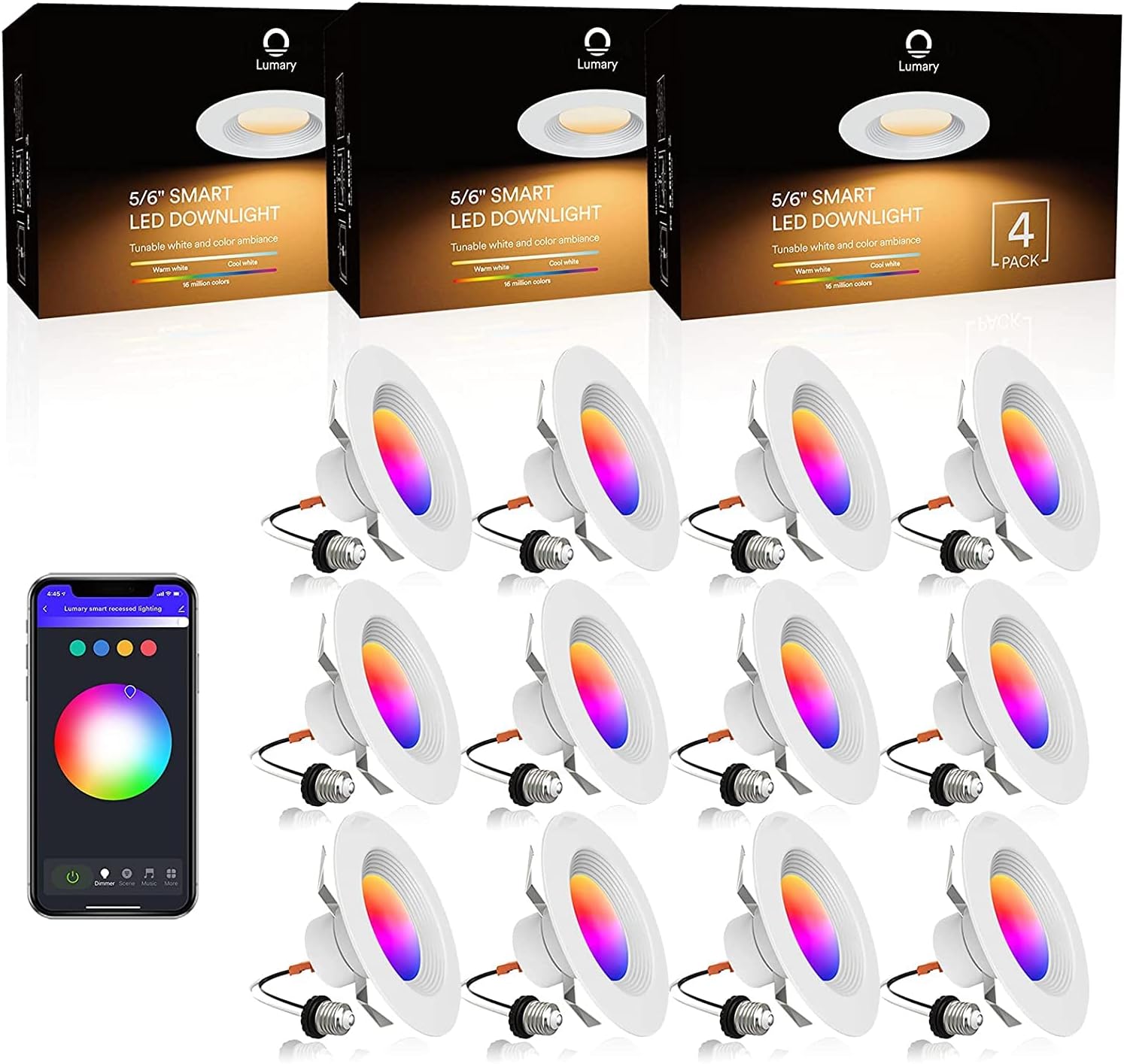 Lumary 5/6 inch LED Smart Recessed Lighting, Wi-Fi LED Can Lights, RGBWW LED Recessed Downlight Compatible with Alexa & Google Assistant 13W (80W Equivalent) 1100LM (5/6 in WiFi- 8 Pack)