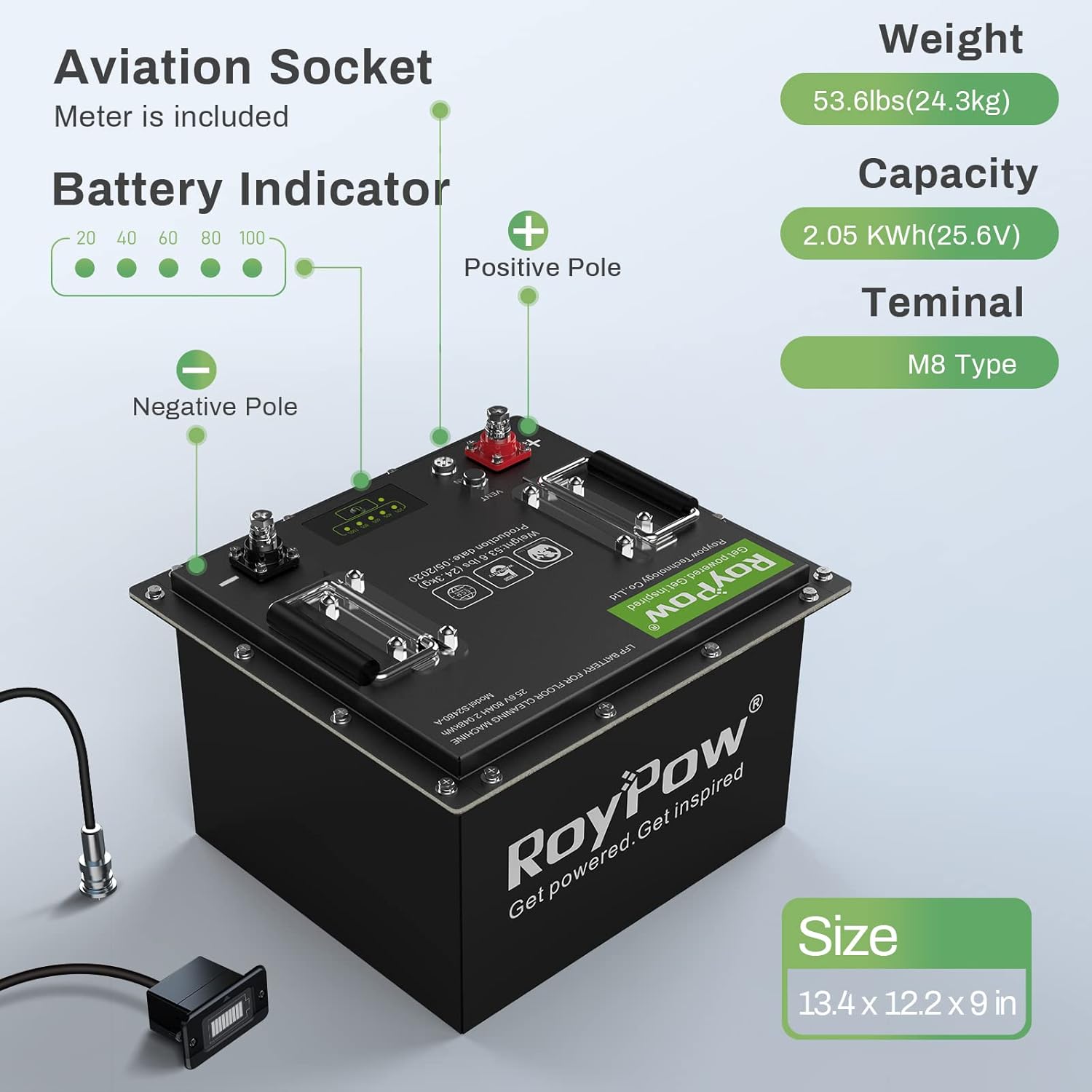 RoyPow 24V 80Ah Deep Cycle Lithium Battery, LiFePO4 Rechargeable Battery Pack, Built-in BMS for Floor Scrubber Trolling Motor, RV, Solar, Marine, Electric Pallet Jack