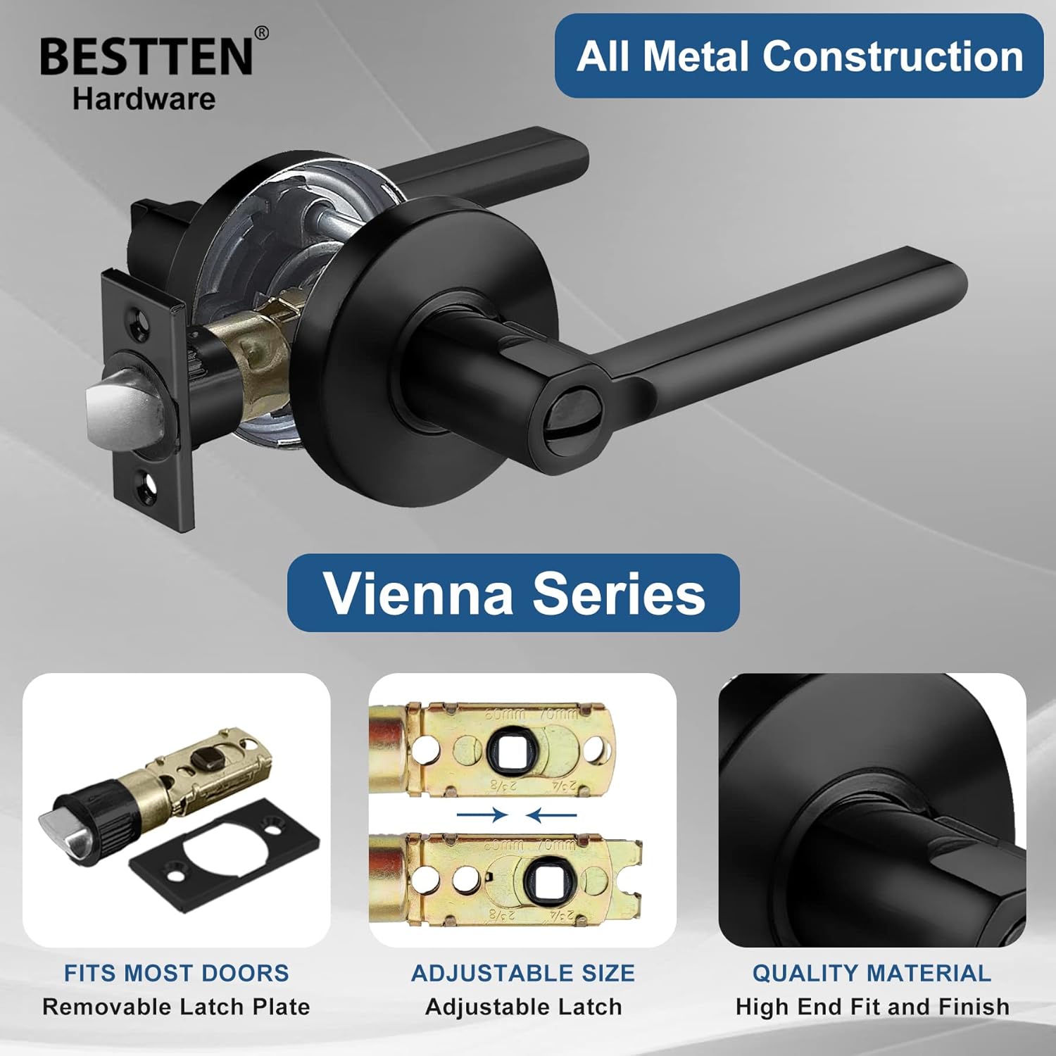 [3 Pack] BESTTEN Heavy Duty Matte Black Privacy Door Lever with Removable Latch Plate, for Bathroom or Bedroom, Commercial and Residential, All Metal Contemporary Round Handle Design, Vienna Series Pack of 2