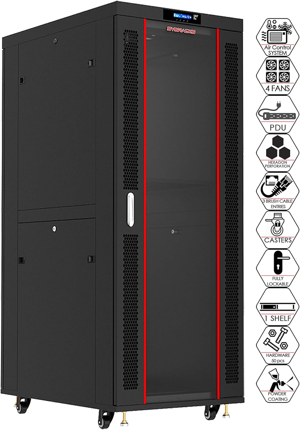 Sysracks - Server Rack - Locking Cabinet - Network Rack - Av Cabinet - 42 U - Rack Mount - Free Standing Network Rack- Server Cabinet - Caster Leveler - Rack Shelf - Cooling Fan - Thermostat - PDU