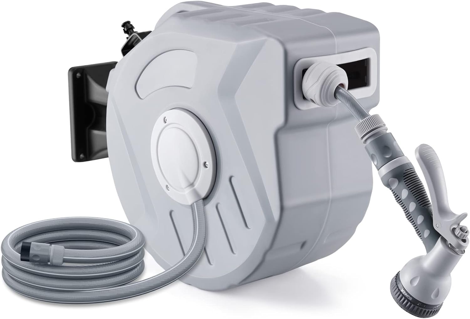 JINLLY Retractable Garden Hose Reel, 65FT Wall Mounted Water Hose Reels with 9 Pattern Hose Nozzle, 180° Swivel Bracket, Automatic Rewind, Slow Return System, Gray