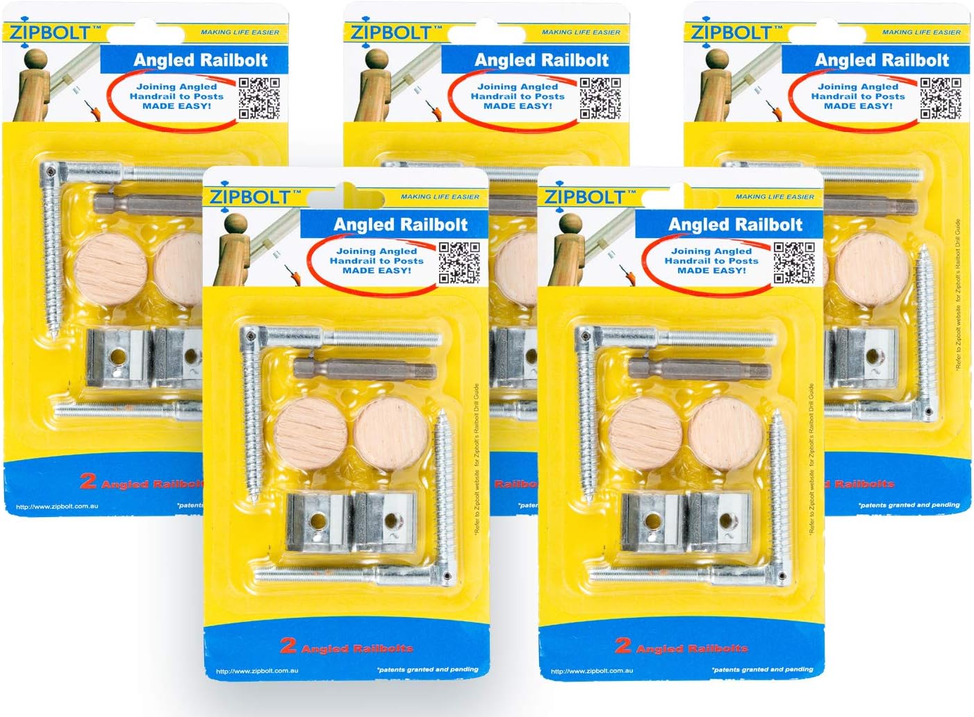 Zipbolt 11.560 Angled Railbolt – Angled Staircase Handrail or Banister to Newel Post Connector (Lower Connection) – 5 Pack Pack of 2