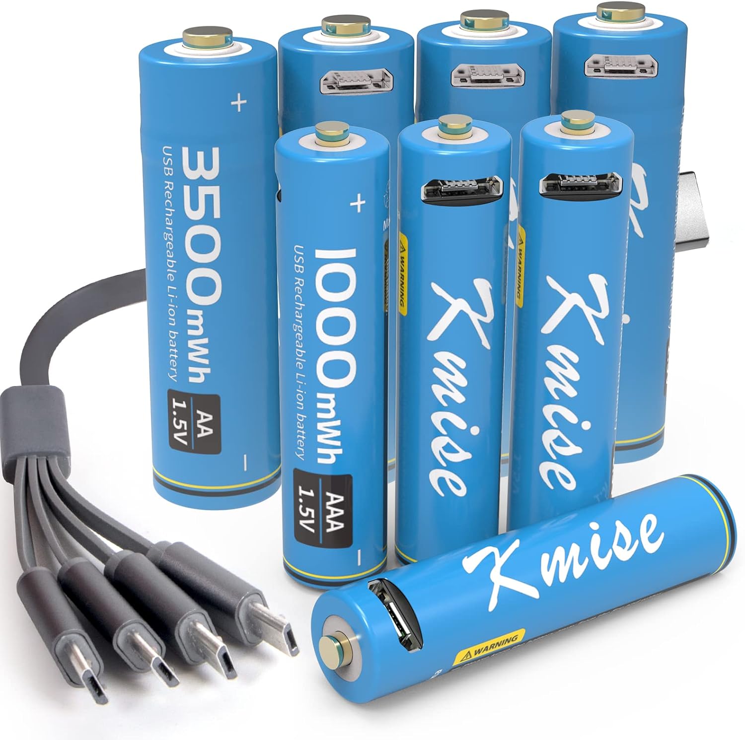 Rechargeable AA Batteries, AAA Batteries,Kmise Lithium-Ion 1.5v 3500 mWh 2000 mAh, 1000 mWh 690 mAh, Over 1000 Cycles, 4-in-1 Micro USB Charging Cable, LED Charge Indicator, 8-Pack Pack of 2