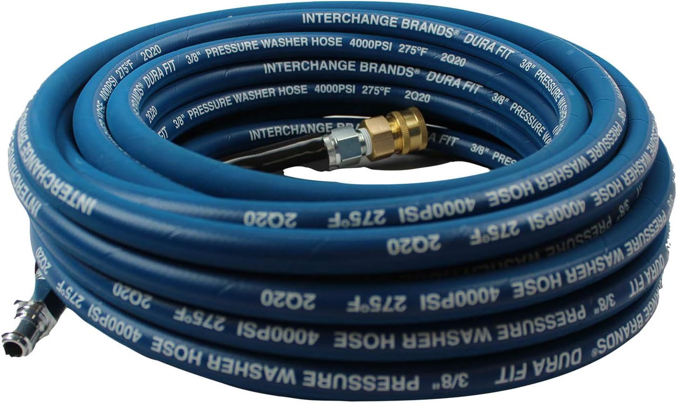 Interchange Brands 3/8” x 50ft 4000 PSI High Pressure Washer Hose Blue Non-Marking, Steel Braid, Quick Couplers, 275 Max Temp, Assembled in USA Pack of 2