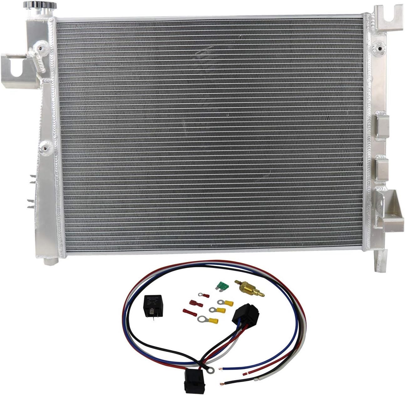 CoolingSnow 2 Row Radiator for 2004-2009 Dodge Ram 1500 2500 3500 5.7L V8 All Aluminum Radiators + Shroud fan + Thermostat Relay Kits