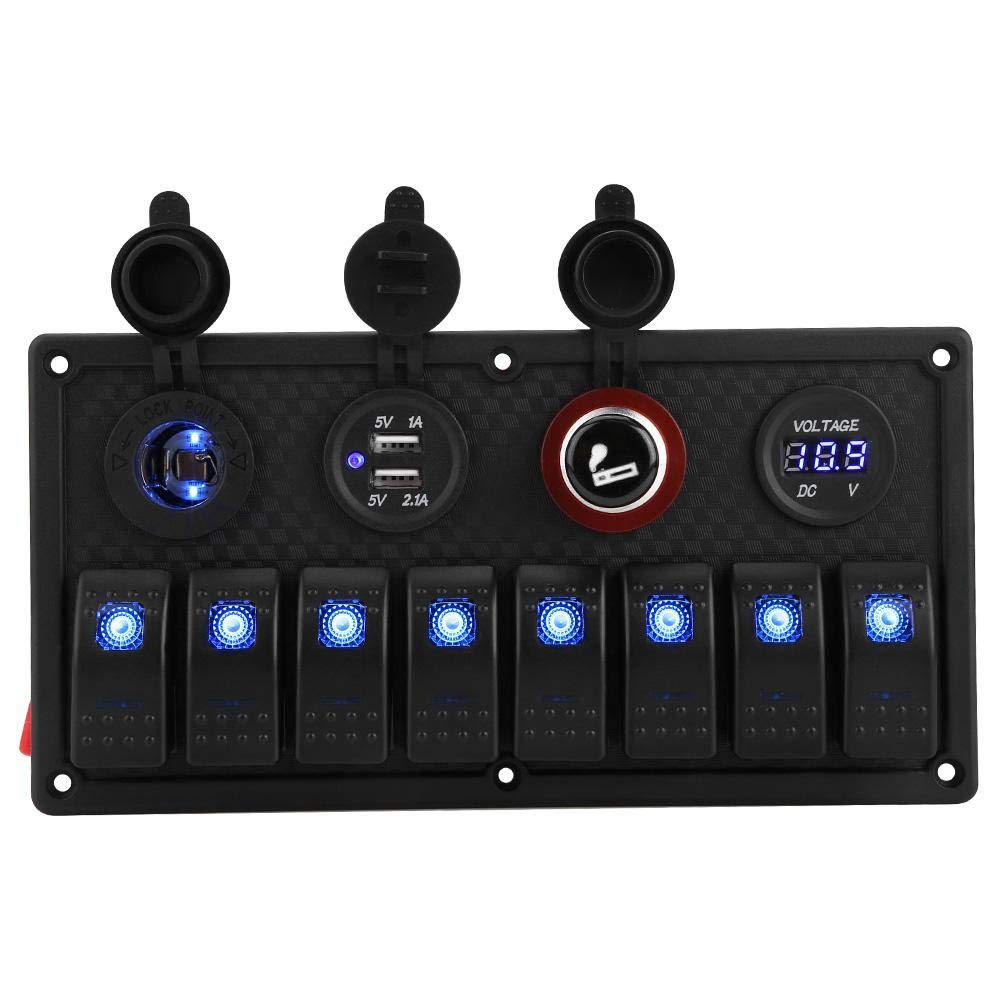 Rocker Switch12V 24V 8 Gang Car Boat LED Rocker Switch Control Panel Dual USB Voltmeter Cigarette Lighter SPST/ON-Off Universal for All 12V-24V Vehicle, Yacht, Ship, Caravan, Bus, car Pack of 2