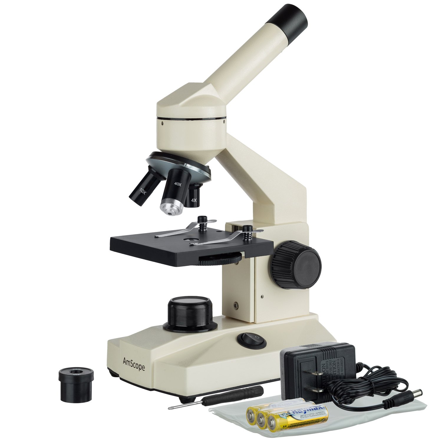 AmScope Optical Glass Lens All-Metal LED Compound Microscope, 6 Settings 40x-1000x, Portable AC or Battery Power