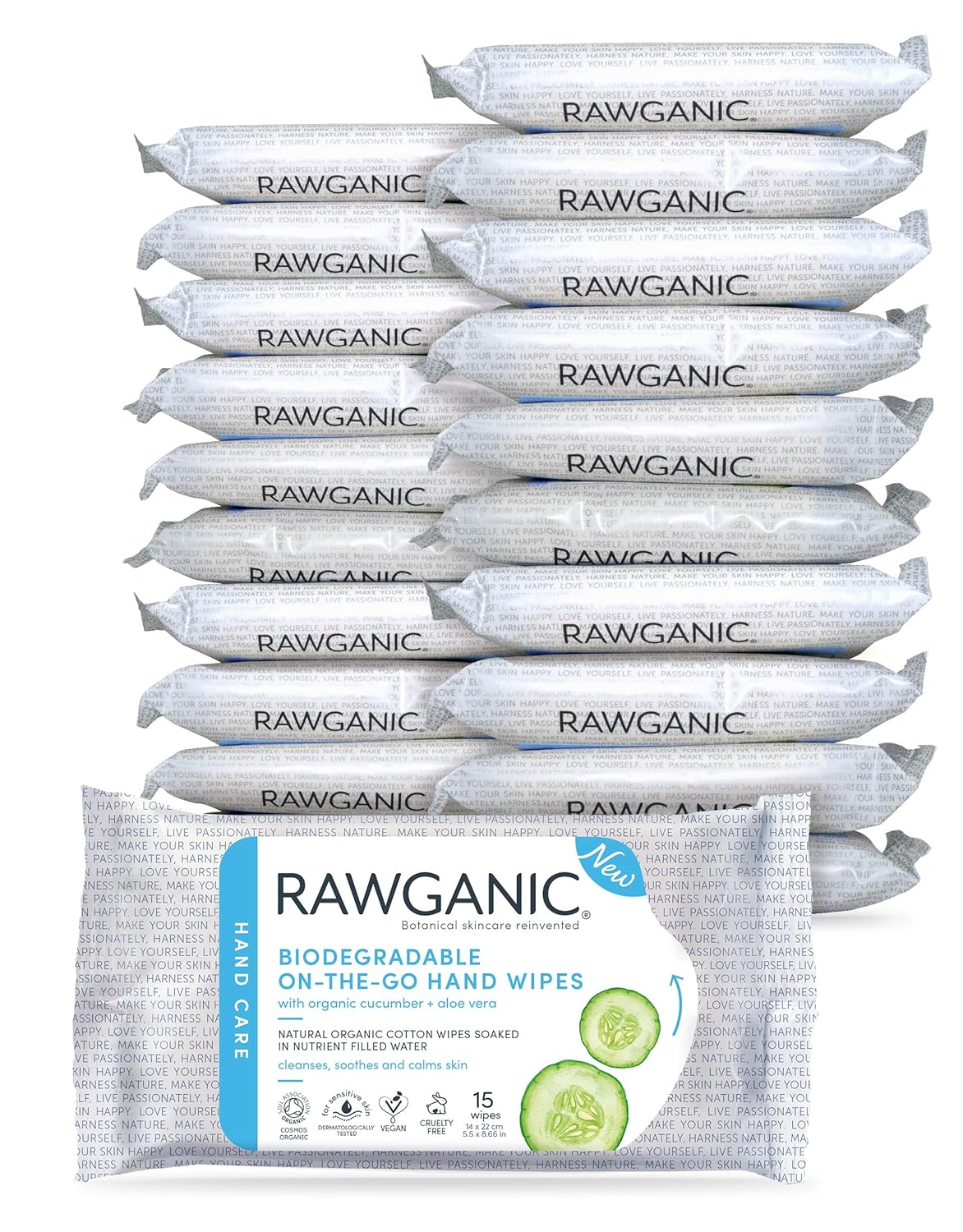 RAWGANIC Biodegradable On-the-Go Hand Wipes | Moist Alcohol-free Fragrance-free Organic Cotton Wet Wipes | with Aloe Vera & Cucumber (Box of 20 packs) Pack of 2