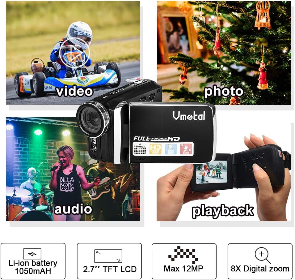 Kids Video Camcorder Vmotal Kids Camcorders Video Camera FHD 1080P 12.0MP 2.8 Inch LCD 270 Degrees Rotatable Screen 8X Digital Zoom Camera Vlogging Camera Video Recorder for Kids(Black) Pack of 2