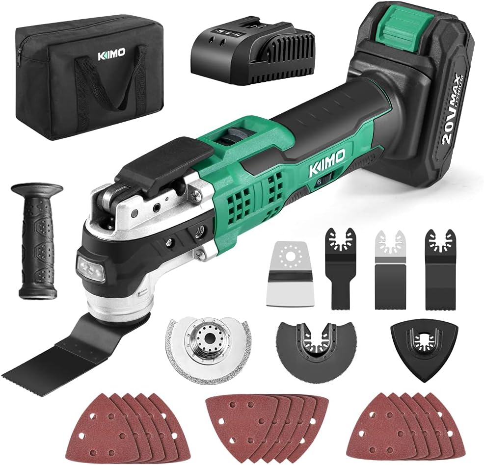 KIMO 20V Cordless Oscillating Tool Kit w/26-Piece Accessories, 21000 OPM Variable Speed & 3° Oscillating Angle, LED & Quick-Change, Battery Powered Multi Tool for Cutting Wood Nail/Scraping/Sanding