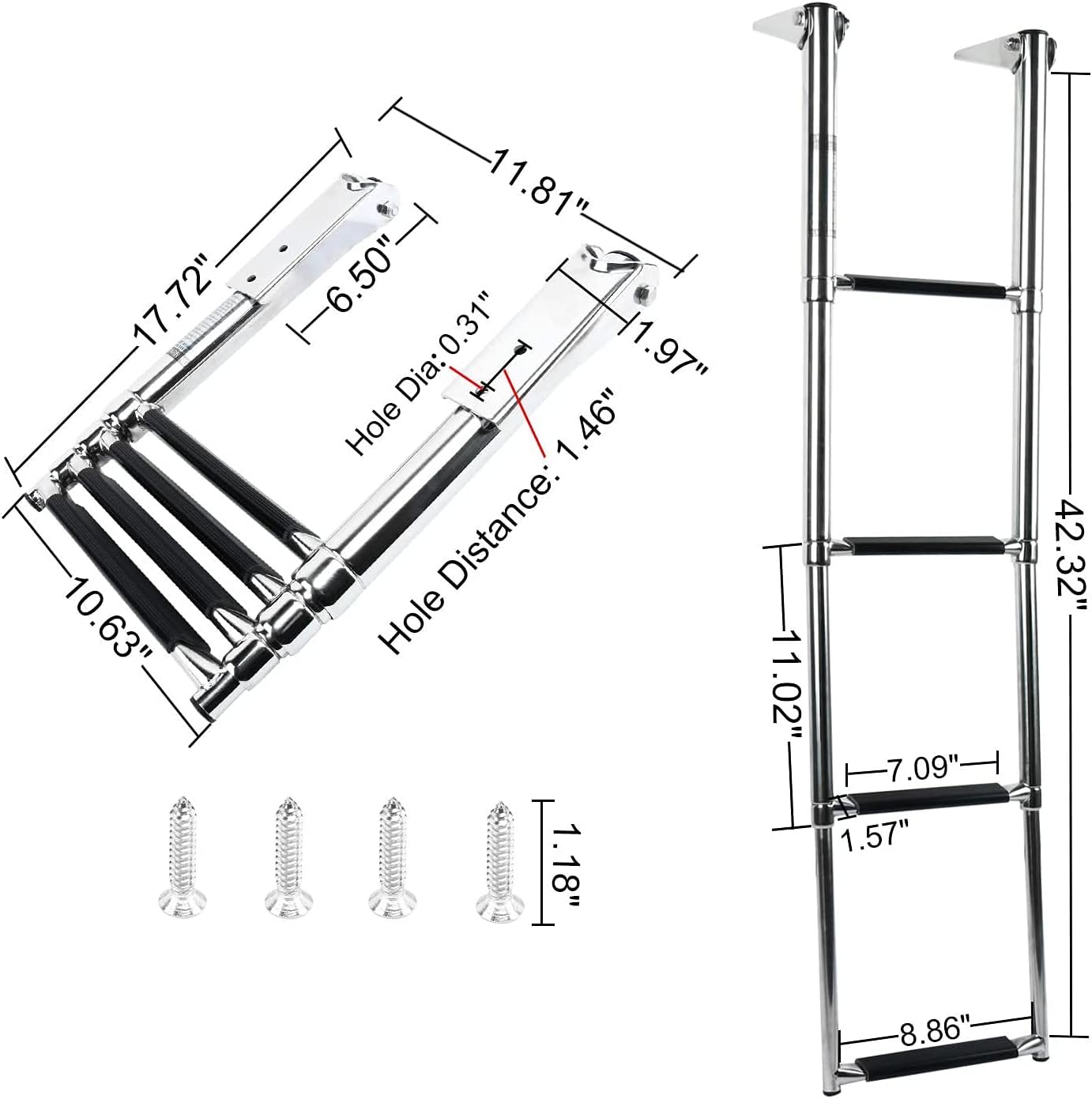 Xeternity-Made 4 Step Ladder 316 Stainless Steel Telescoping Ladder, 900 Pound Capacity for Marine Yacht/Swimming Pool with Retaining Strap Pack of 2