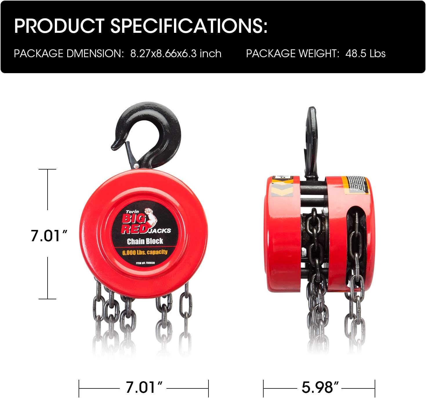 BIG RED TR9030 Torin Manual Hand Lift Steel Chain Block Hoist with 2 Hooks, 3 Ton (6,000 lb) Capacity, Red